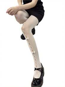 Women See-Through Pantyhose With Bow Knot Decors, Hollow Out Sheer Tights For Ladies - Nơ lớn màu trắng trên nền trắng - Xem 5