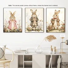 Conjunto de 3 obras de arte de pared con conejitos de Pascua, pinturas vintage de animales, pinturas cálidas y dulces de Pascua, carteles enmarcados en lienzo, decoración de granja y cabaña de primavera, decoración para dormitorio universitario y apartamento, regalos para decoración de paredes en hotel, hogar, sala de estar, dormitorio, baño y oficina