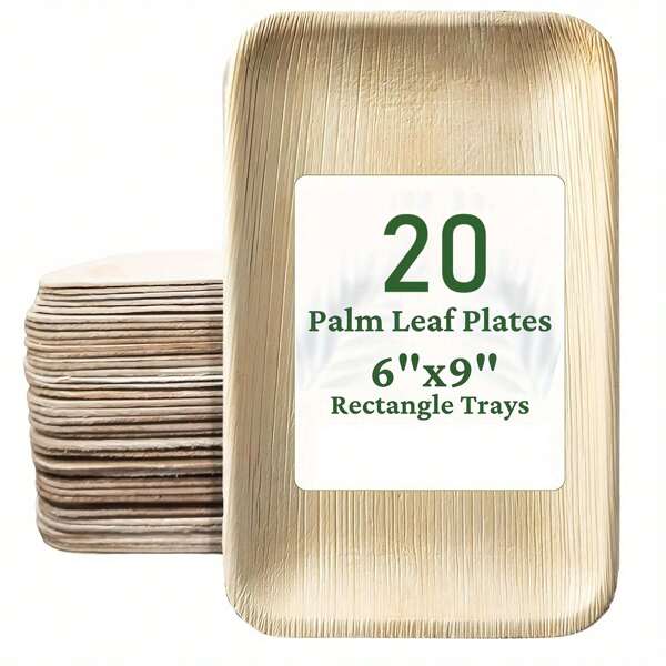 10/20pcs Brown Palm Leaves Serving Trays, 6x9 Inch Rectangular Disposable Bamboo Plates, Sturdy Than Wood Paper Plates, Microwave Safe, Ideal For Party, Picnic, Dinner