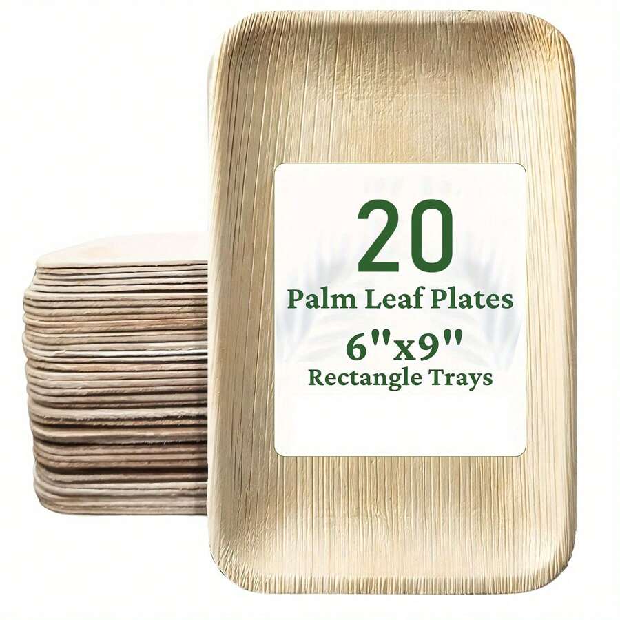 10/20pcs Brown Palm Leaves Serving Trays, 6x9 Inch Rectangular Disposable Bamboo Plates, Sturdy Than Wood Paper Plates, Microwave Friendly, Ideal For Party, Picnic, Dinner