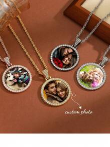 1pc Customized DIY Photo Round Pendant Necklace - Shiny Zirconia Inlaid, Meaningful Jewelry For Customized Gift Giving - Easy To Assemble, Hypoallergenic, Nickel-Free, Stylish,Fall Fashion,Contracted,Simple,Old Money,Casual,2000s Fashion,Y2k Custom,Personalized,Unique Ideal Gift