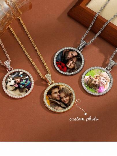 1pc Customized DIY Photo Round Pendant Necklace - Shiny Zirconia Inlaid, Meaningful Jewelry For Customized Gift Giving - Easy To Assemble, Hypoallergenic, Nickel-Free, Stylish,Fall Fashion,Contracted,Simple,Old Money,Casual,2000s Fashion,Y2k Custom,Personalized,Unique Ideal Gift