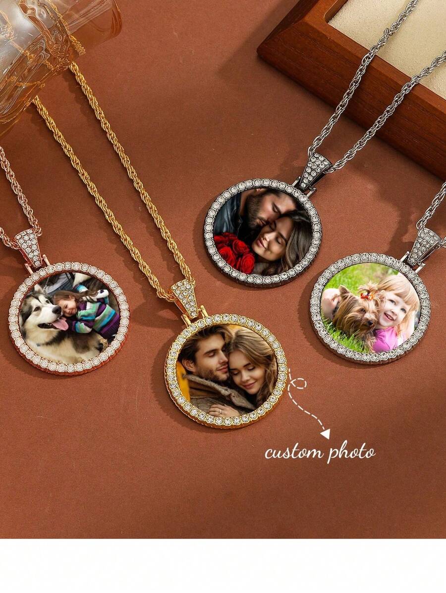 1pc Customized DIY Photo Round Pendant Necklace - Shiny Zirconia Inlaid, Meaningful Jewelry For Customized Gift Giving - Easy To Assemble, Hypoallergenic, Nickel-Free, Stylish,Fall Fashion,Contracted,Simple,Old Money,Casual,2000s Fashion,Y2k Custom,Personalized,Unique Ideal Gift