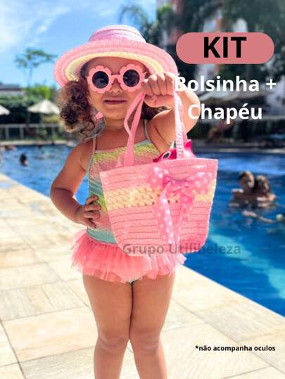 Kit Infantil Chapéu + Bolsinha Moda Praia Piscina Passeio Verão