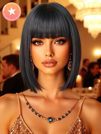 Högkvalitativ 12" lång lugg svart bob kort rak syntetisk värmebeständig fiberperuk damperuk perfekt för julfest Vardagskläder