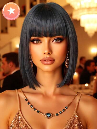 Parrucca di alta qualità in fibra sintetica resistente al calore, con frangia lunga 12 pollici, carré corto e dritto, colore nero, ideale per donne per feste, vacanze e uso quotidiano