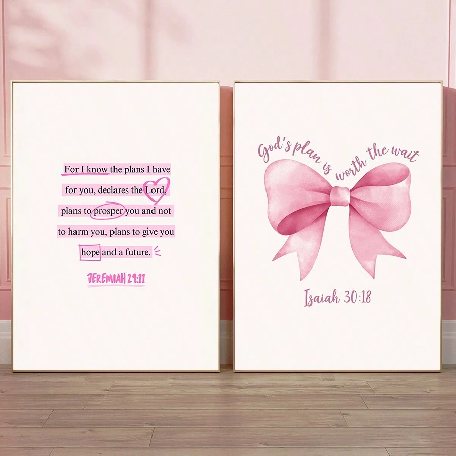 1/2pcs Jeremiah 29 11 Wall Art Picture Pink Christian Canvas Prints Paintings Pink Bow Bible Verse Posters Girly Decor For Bedroom, Living Room, Or College Dorm Wall Decor Unframed - Multicolor - View 1