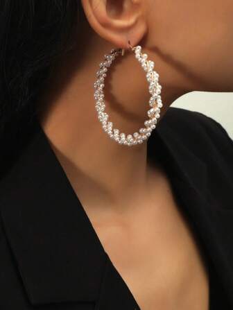 新款耳环，欧美风格优雅手工串珠仿珍珠环状耳环