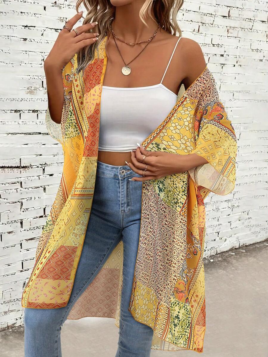 Summer And Spring Women's Splicing Printed Pattern Beach Wear, Loose Cover Top - Yellow - View 1