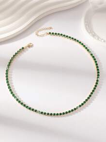 1pc Vintage Charm Elegant Versatile Sparkling Cubic Zirconia Geometric Brass Necklace Choker For Women And Girls, Daily Wear, Teacher's Day, Mother's Day, Valentine's Day, Goddess Day, Thanksgiving, New Year Gift - Dark Green - View 15