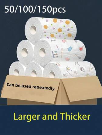 50/100/150 张一次性厨房清洁布，可重复使用厨房毛巾 - 不粘且易于清洁，适合所有家庭需求，易撕，干湿清洁两用毛巾，无纺布吸油去污布，干燥布，适用于家庭清洁和洗碗，清洁用品，返校用品，款式颜色图案随机，适用于户外、露营