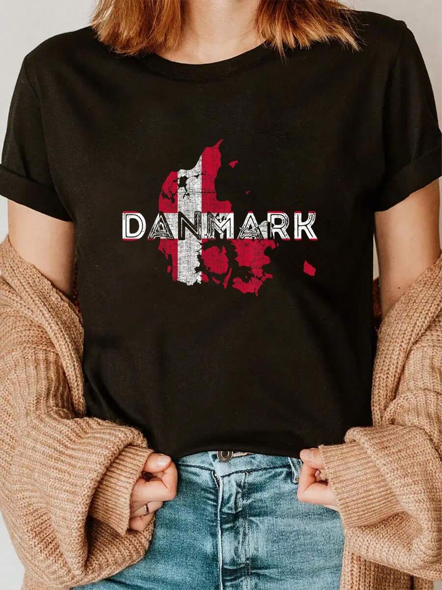 100% Cotton Casual Tshirt Danish Map And Flag Souvenir - Distressed Denmark T-Shirt - 黑色 - 查看 1