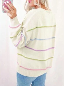 Acelitt Áo khoác cardigan dáng rộng vai rớt kẻ sọc cầu vồng trắng, phong cách thường ngày. - trắng - Xem 2