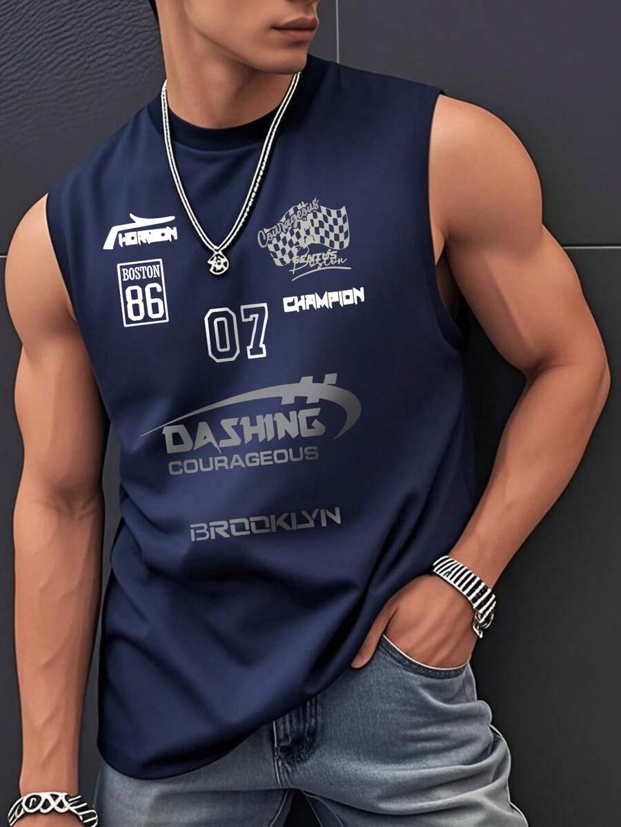 男式字母和心形图案印花休闲圆领背心 - 藏蓝色 - 查看 1