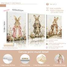 Conjunto de 3 obras de arte de pared con conejitos de Pascua, pinturas vintage de animales, pinturas cálidas y dulces de Pascua, carteles enmarcados en lienzo, decoración de granja y cabaña de primavera, decoración para dormitorio universitario y apartamento, regalos para decoración de paredes en hotel, hogar, sala de estar, dormitorio, baño y oficina