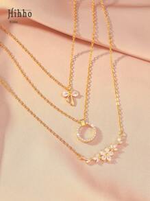Hihho 3 件套时尚休闲花朵与树枝设计搭配蝴蝶结和圆形锆石装饰项链套装，适合派对和礼物 - 金黃色 - 查看 2