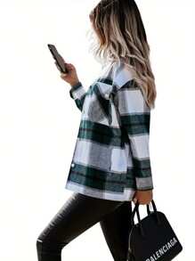 Women's Plaid Shacket Fall Outfits Long Sleeve Button Down Shirts Jacket Coats With Side Pockets - 綠色格子 - 查看 3