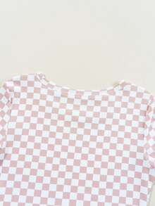 Acelitt Colorblock Checkerboard Print Ribbed Slim Fit Round Neck Short Sleeve T-Shirt, Summer Casual Pink - Pink - View 6