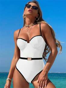 Women Monokini Swimsuit Summer Contrast Color Spaghetti Straps Sleeveless Swimwear For Beachwear Bathing Suits - White - View 3