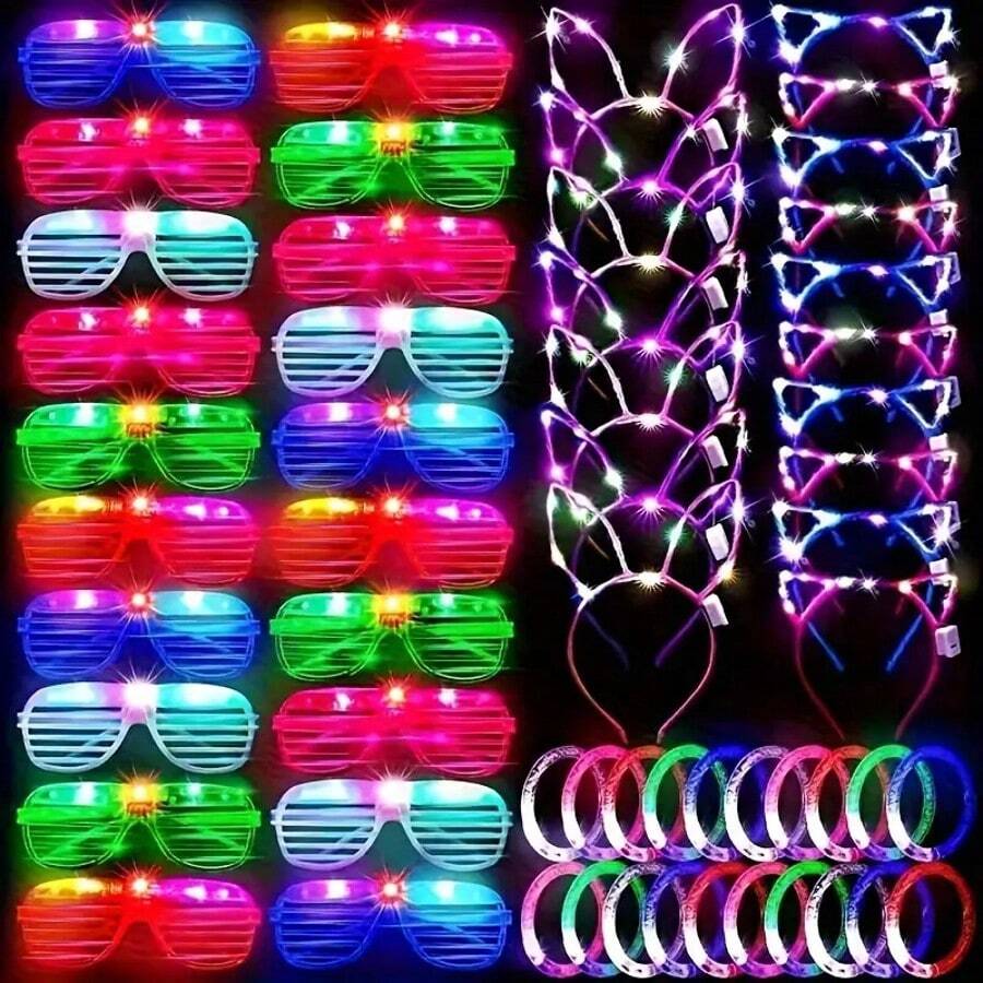 Party Glowing Fluorescent Glasses Party Glowing 57-/24Piece Set Of Round Butterfly Eyes Bright Cool Glowing Eyes Shining Eyes Toys 57-Piece Bar Party Cheering Concert Props - 七彩色 - 查看 1