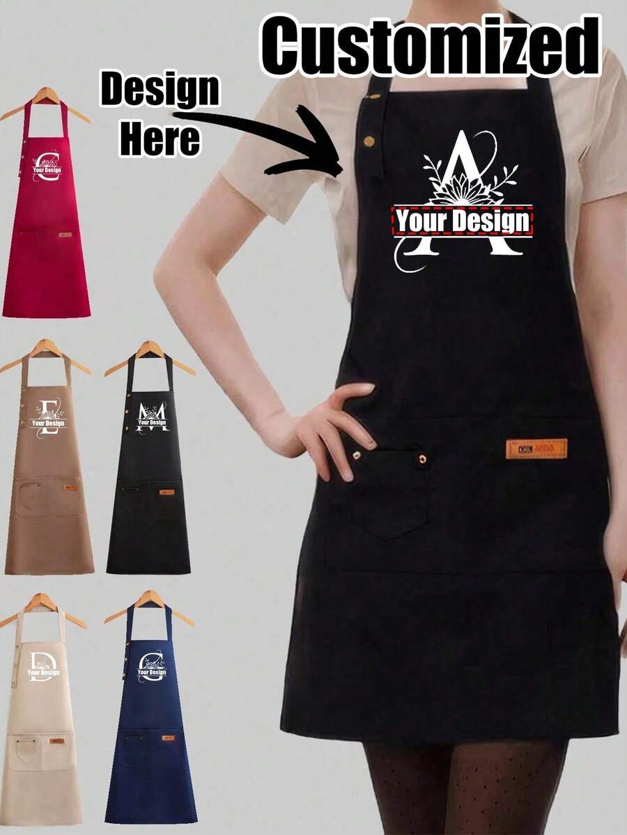 Personalized Text And Letter Apron, Custom Christmas Apron, Custom Phrase Or Photo Design, Multiple Styles Available, Personalized Holiday Gift For Dad, Mom, Husband, Boyfriend, Girlfriend, Family And Friends, Funny Birthday Gift - Black - View 1