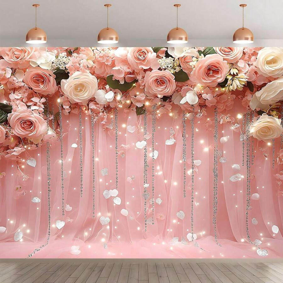 1 pièce Bannière avec fond de roses roses et de feuilles vertes, en matériau polyester, avec différentes tailles disponibles, convient pour fond de fête, décoration de fête, anniversaire, mariage, jardin, cour, décoration intérieure, suspension facile - Multicolore - Voir 1