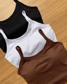 Kit 3 Cropped Women's Top With Padded Bra - Black White Brown - View 2