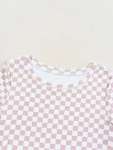 Acelitt Colorblock Checkerboard Print Ribbed Slim Fit Round Neck Short Sleeve T-Shirt, Summer Casual Pink - Pink - View 5