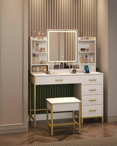 Hzuaneri Dressing Table, With Padded Stool, HD Mirror, 5 Drawers, Open Storage Compartment, Modern Style, White-Gold
