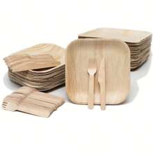15/30pcs Disposable Square Palm Leaf Plates & Cutlery Set, 10-Inch Square Plate (5/10pcs) + 16cm Knife (5/10pcs) + 16cm Fork (5/10pcs), Plastic Alternative, Microwave Friendly, Suitable For Family Gatherings, Restaurants, Parties, Graduation Season, Serves 5/10 Guests