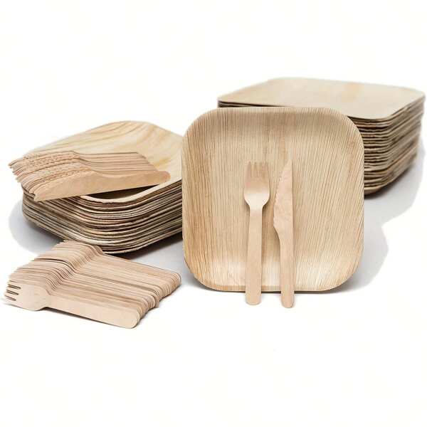 15/30pcs Disposable Square Palm Leaf Plates & Cutlery Set, 10-Inch Square Plate (5/10pcs) + 16cm Knife (5/10pcs) + 16cm Fork (5/10pcs), Plastic Alternative, Microwave Safe, Suitable For Family Gatherings, Restaurants, Parties, Graduation Season, Serves 5/10 Guests