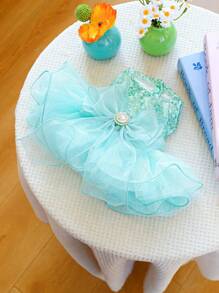PETCIRCLE 1pc Pet Clothes Small Dog Puppy Cute Pet Multi-Layer Tulle Tutu Dress Sequin Bow Dreamy Fairy Wedding Dress - Green - Green - View 5
