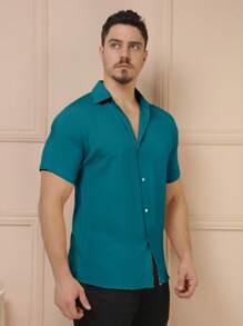 YLF MODAS Men's Short Sleeve Button Down Shirt Plain - 水鴨藍 - 查看 5
