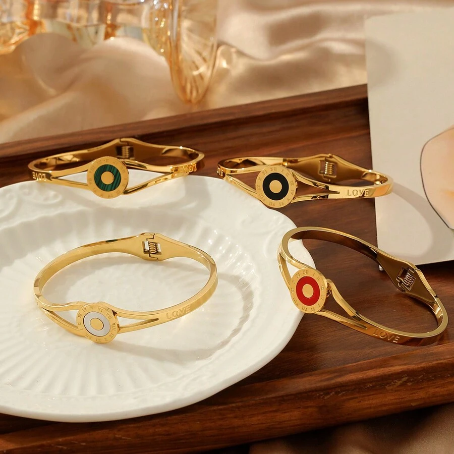 1pc Stainless Steel Pearl Embellished Minimalist Roman Style Gold Color Bangle Bracelet, Elegant Accessory For Women, Suitable For Party, Date, Office Wear - Roman Bracelet - View 1