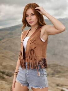 RELISH NOLESS Woman Spring Summer Outfits Country Concert Casual Vacation Western Wear Boho Suede Fringe Tops - Camel - View 7