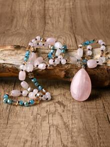 Bohemian Natural Pink Quartz Pendant Necklace, Handcrafted Beaded Long Chain For Women - Genuine Gemstone, No Plating, Rock Crystal Mosaic, Perfect For All Seasons, Valentines & Mother's Day Gift,Mom,Mother,Mother's Day,Gift - Multicolor - View 3