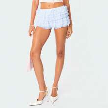 Womens Layered Ruffle Shorts Casual Tiered Elastic Waist Bow Front Solid Color Lace Going Out Streetwear Partywear - 淺藍色 - 查看 4