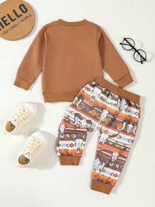 Conjunto de otoño de 2 piezas para bebé y niño pequeño con diseño de cabeza de vaca: sudadera de manga larga y pantalones elásticos - Marrón - Ver 2