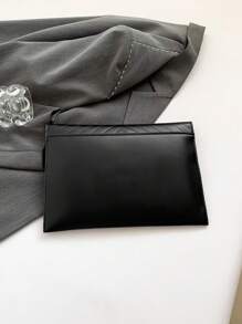 1pc Black Metallic Hardware Decor Plain Color PU Embossed Women Envelope Clutch Bag, Fall/Winter - Black - View 4