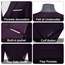 Men's 3 Pieces Suit Elegant Solid One Button Slim Fit Single Breasted Party Blazer Vest Pants Set - 紫色 - 查看 3