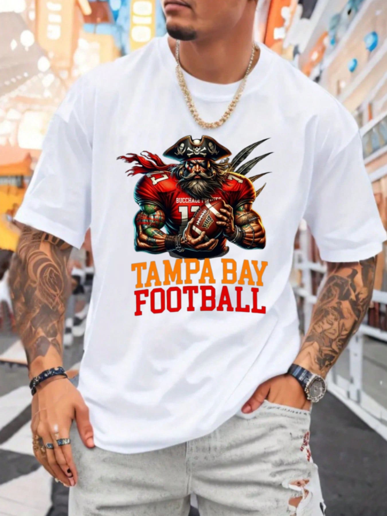 Camiseta con estampado de fútbol de los Tampa Bay Buccaneers de estilo vintage para hombre (una sola pieza) Camiseta de algodón 100 % de 220 g de algodón pesado - Blanco - Ver 1