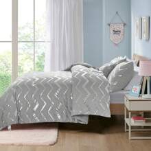 3 Pieces Grey Metallic Silver Double King Size Duvet Cover Set With 2 Pillowcases Soft Microfiber Geometric Striped Bedding Set, - Grey Metallic Silver - View 8