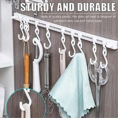 Estante con ganchos deslizantes de moda en blanco - Organizador de pared ajustable y sin taladro para la cocina con 10 ganchos para espátulas, batidoras, etc. - Plástico duradero, ideal para puerta, pared colgante, estante de almacenamiento de cocina, ganchos prácticos