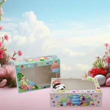 6 件复活节兔子礼品盒 - 彩色纸板篮，带有卡通兔子和鸡蛋图案，非常适合糖果、饼干和派对礼物，是复活节庆祝活动的理想选择，礼品篮 - 彩色 - 查看 4