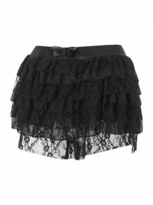 Women Ruffle Lace Shorts Bloomers Summer Casual Layered Tiered Pleated Slim Fit Floral Lace Trim Shorts - màu đen - Xem 5