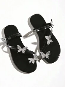 Sandali infradito da donna con decorazioni di strass a forma di farfalla 3D, adatti per l'uso esterno, casual, vacanze, feste, alla moda