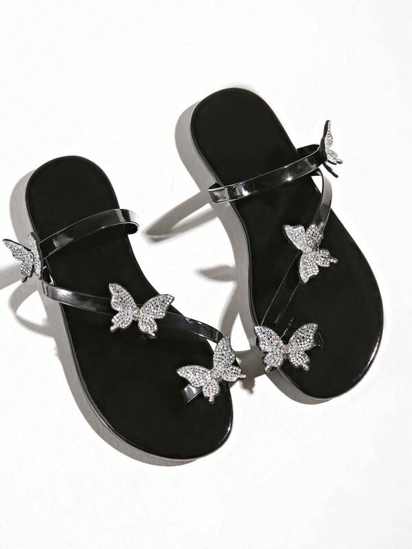 Sandali infradito da donna con decorazioni di strass a forma di farfalla 3D, adatti per l'uso esterno, casual, vacanze, feste, alla moda