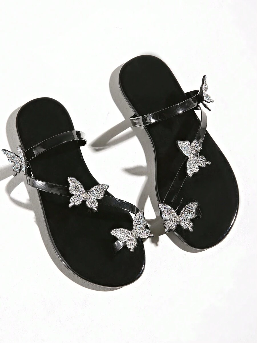 Sandali infradito da donna con decorazioni di strass a forma di farfalla 3D, adatti per l'uso esterno, casual, vacanze, feste, alla moda