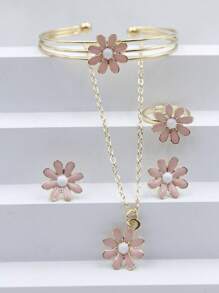 5pcs Elegant Floral Painted Pendant Necklace, Ring, Earrings & Bracelet Set, Versatile Floral Jewelry Set, New Arrival - one-size - View 1