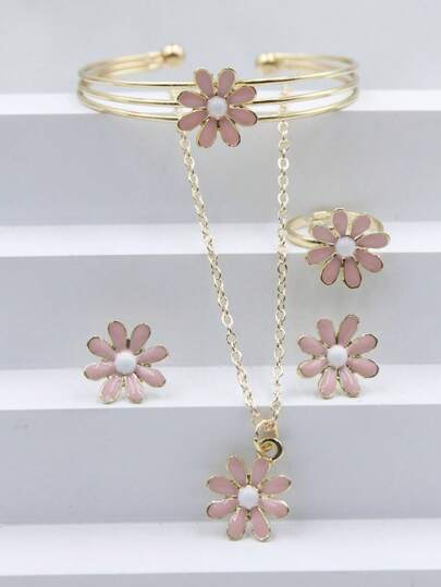 5pcs Elegant Floral Painted Pendant Necklace, Ring, Earrings & Bracelet Set, Versatile Floral Jewelry Set, New Arrival